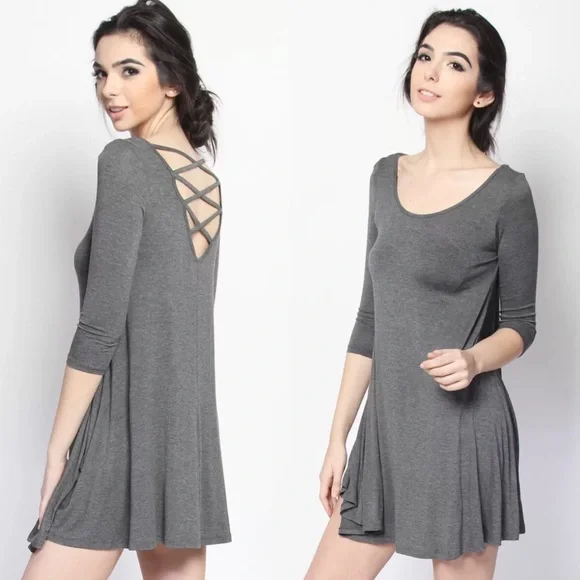 Strappy Open Back 3/4 Sleeve Tunic Dress Heather Grey - Picture 2 of 3